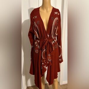 Rust Red Embroidered Kimono Cardigan